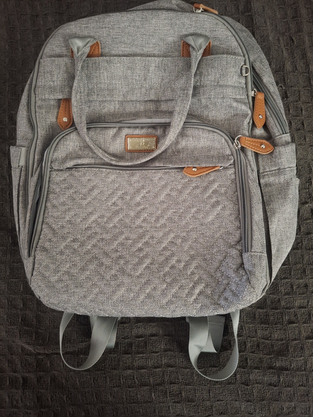 Gray Quilted Men's Backpack with Brown Accent